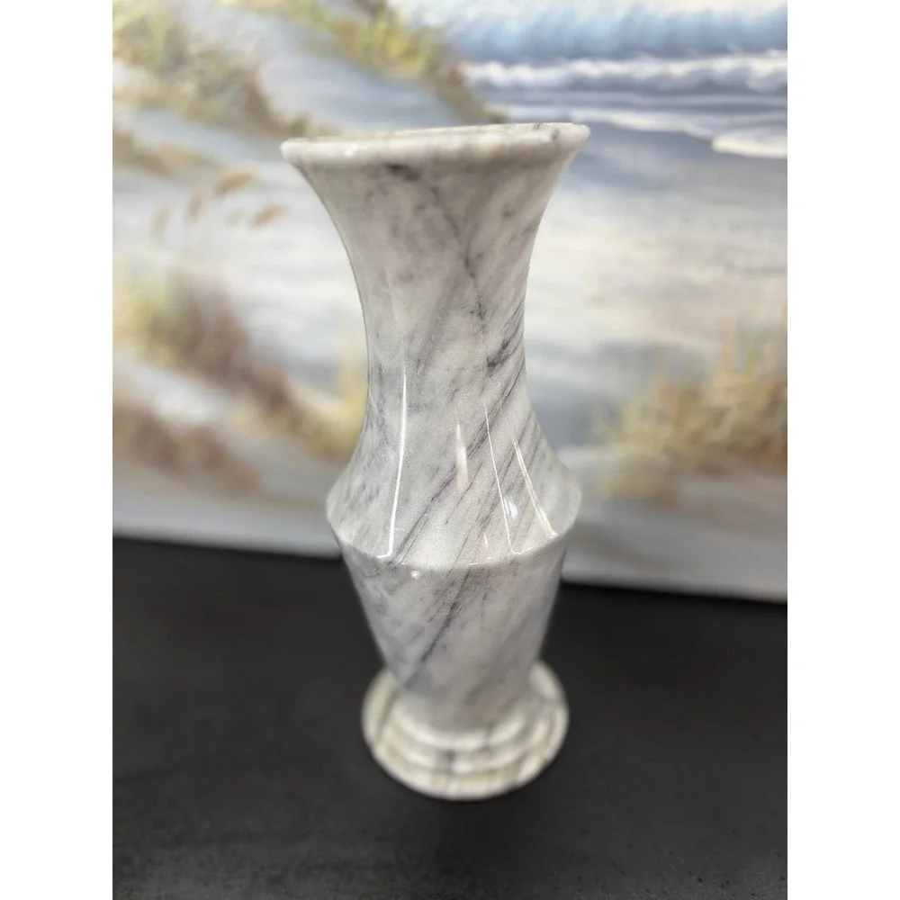 Gray White Marble Stone Vase Tapered Polished Decorative Bud Vase 8 Inch